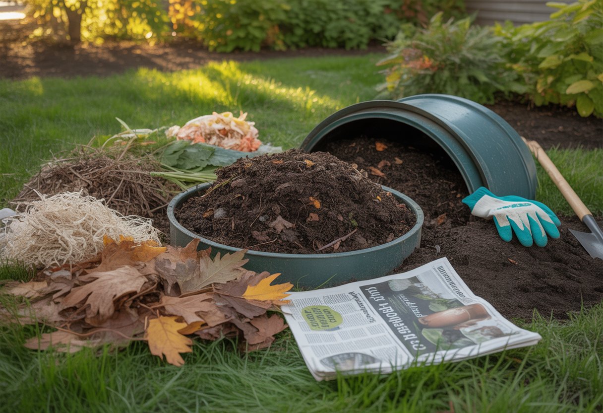Backyard compost bin filled with dark compost surrounded by leaves, vegetable scraps, coffee grounds, and gardening tools in a green garden.
