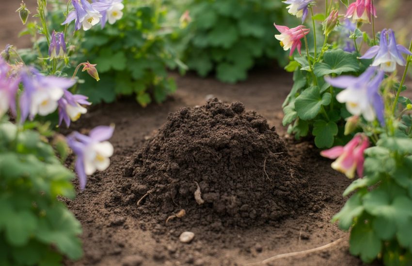 Close-up of rich, dark soil with healthy columbine flowers growing around it in a garden.