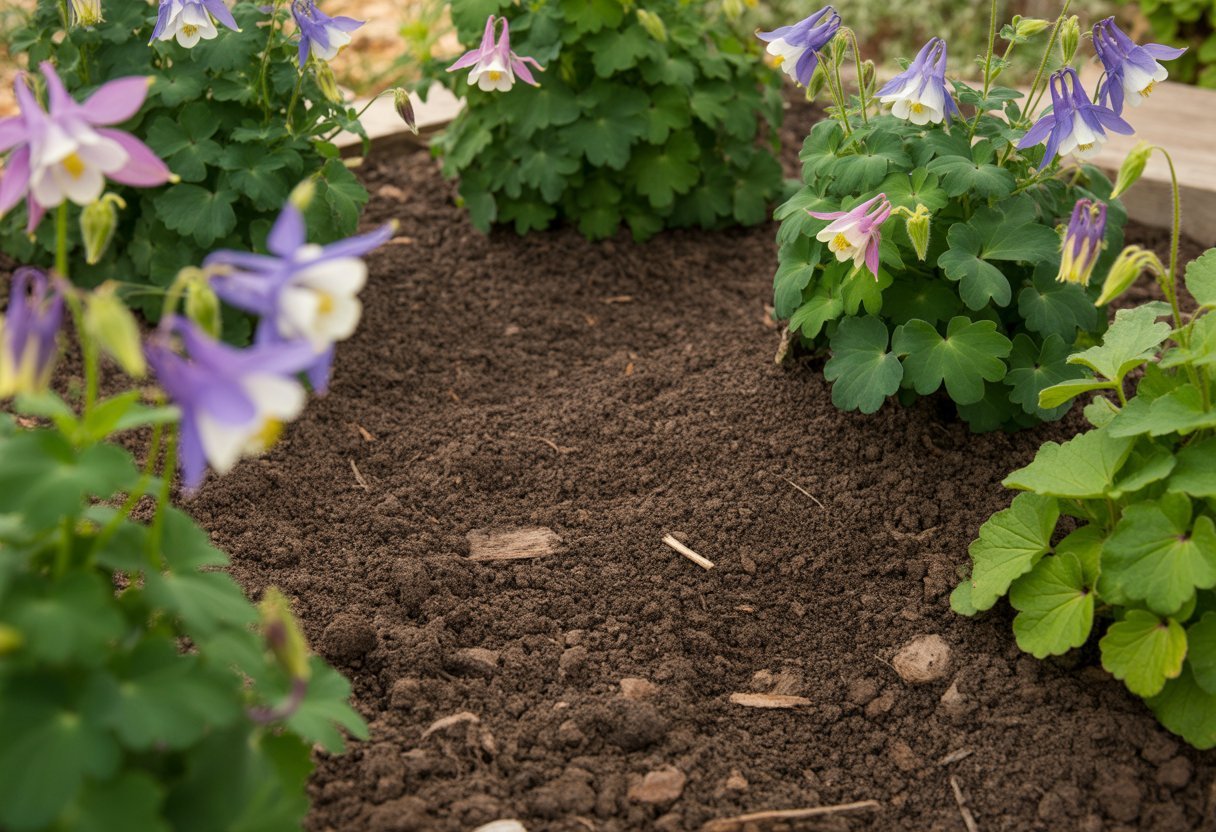 Close-up of rich garden soil with healthy columbine plants growing, showing green leaves and colorful flowers.
