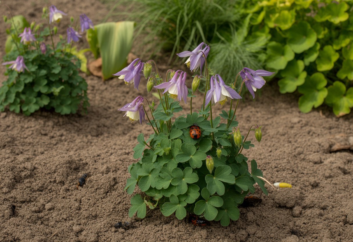 A garden with healthy columbine flowers growing in rich soil surrounded by green plants and beneficial insects.
