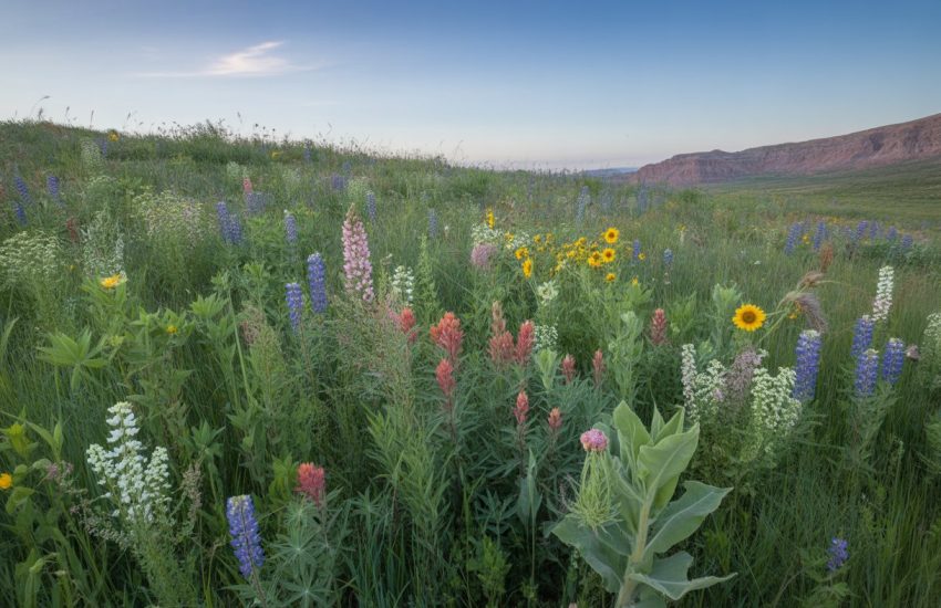 A colorful wildflower meadow in Utah with various flowers and green grasses under a blue sky and distant red rock formations.