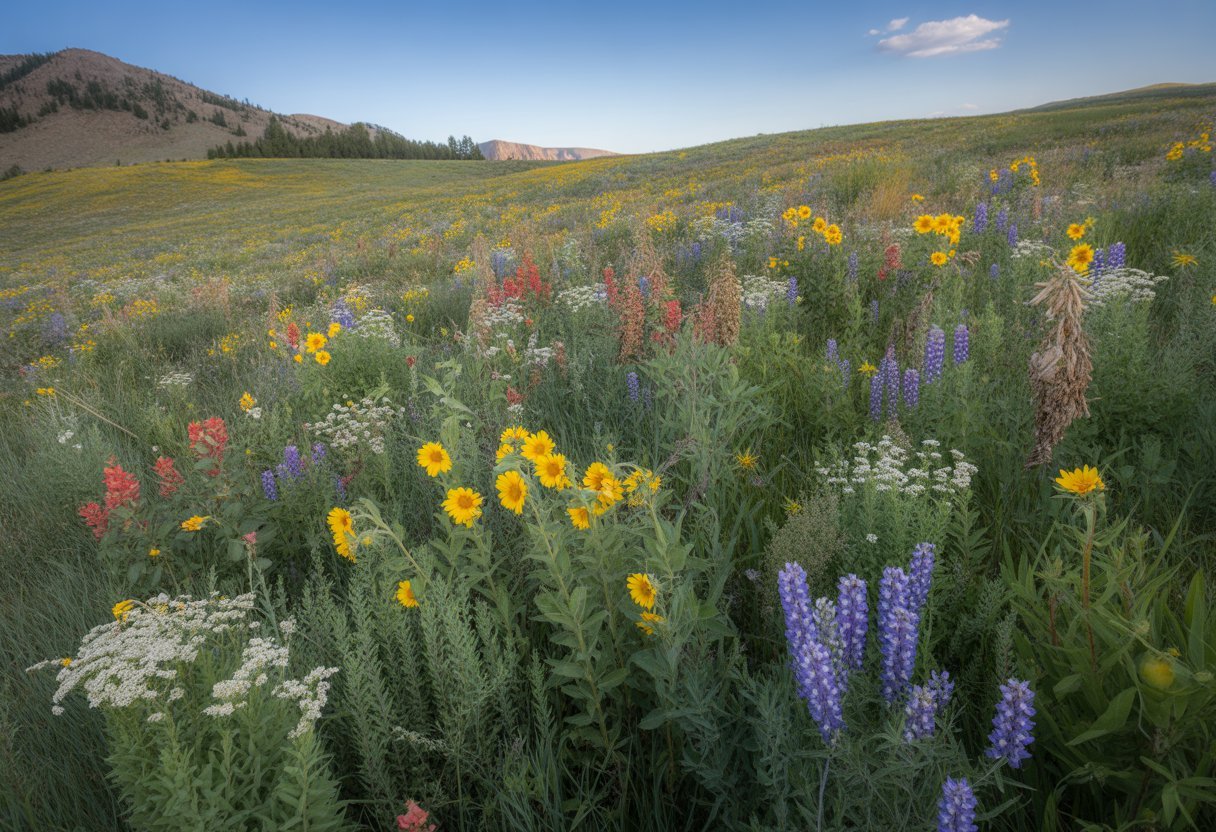 A colorful wildflower meadow with various native flowers and grasses in front of Utah mountains under a clear blue sky.