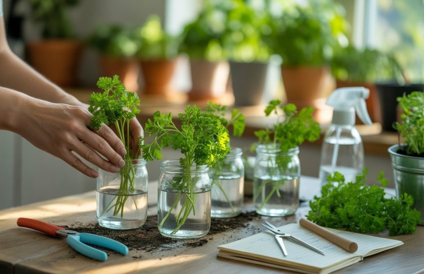 Hands placing parsley cuttings into glass jars of water on a wooden table with gardening tools nearby.