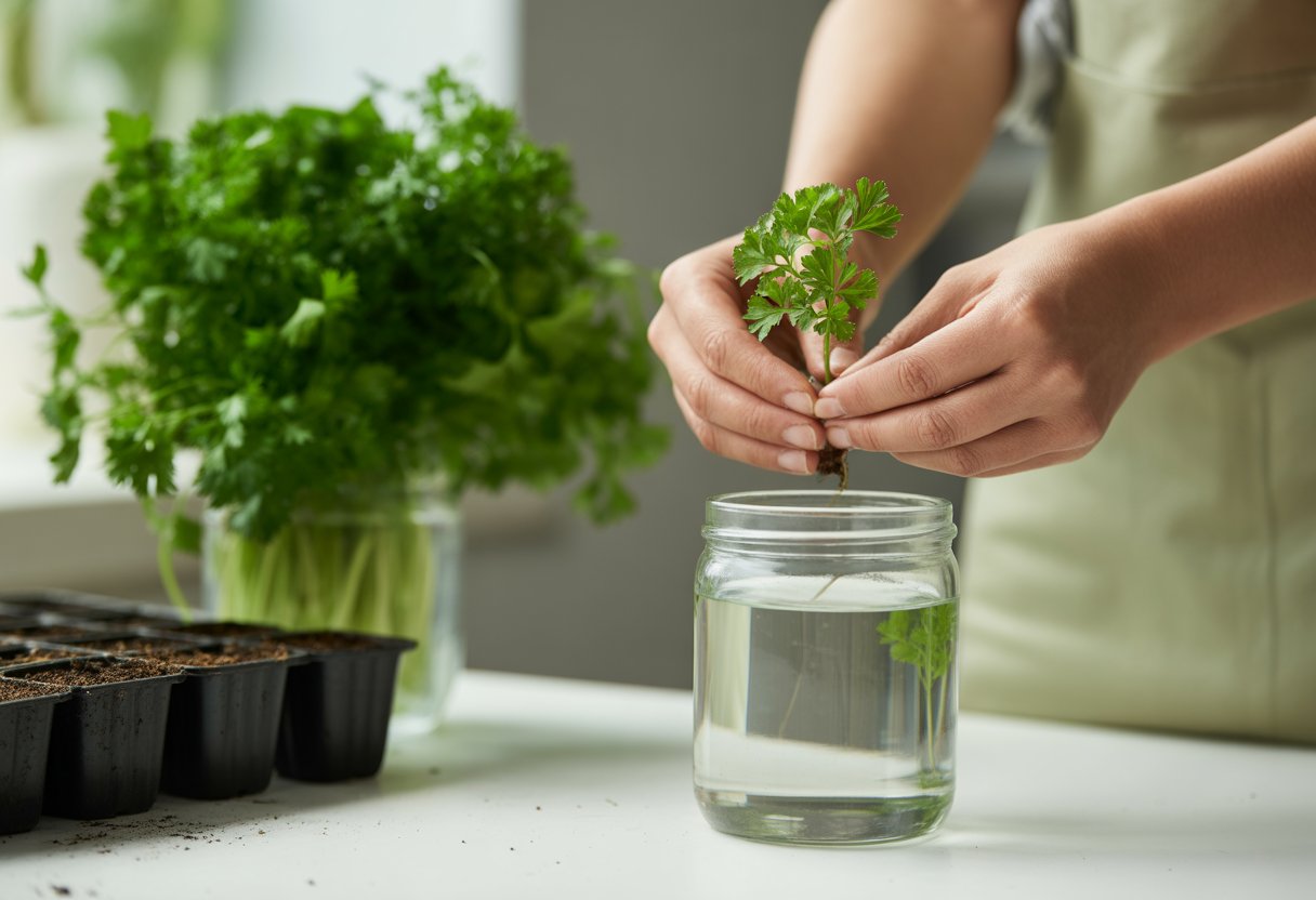 Hands holding a parsley cutting placed in a glass jar of water with healthy green parsley plants in the background.
