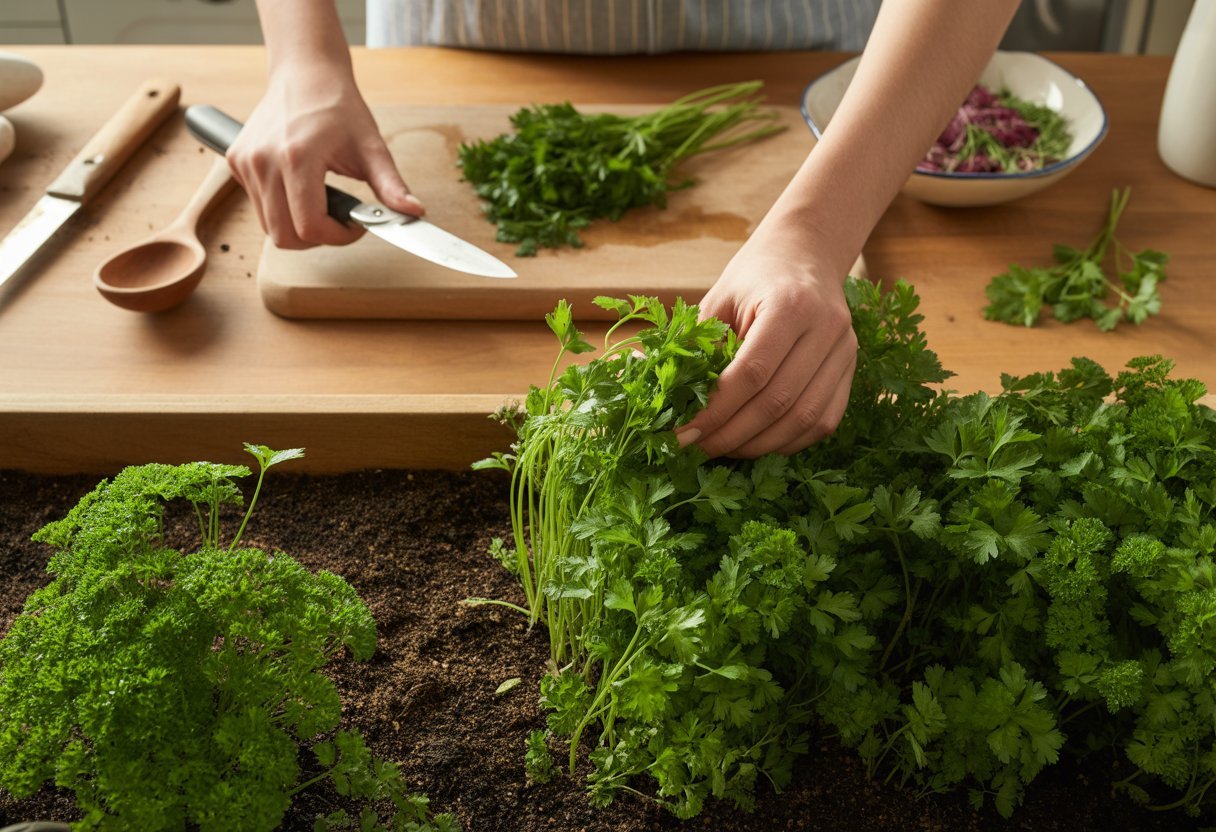 Hands harvesting fresh parsley from a garden bed with chopped parsley and cooking utensils on a wooden countertop in the background.