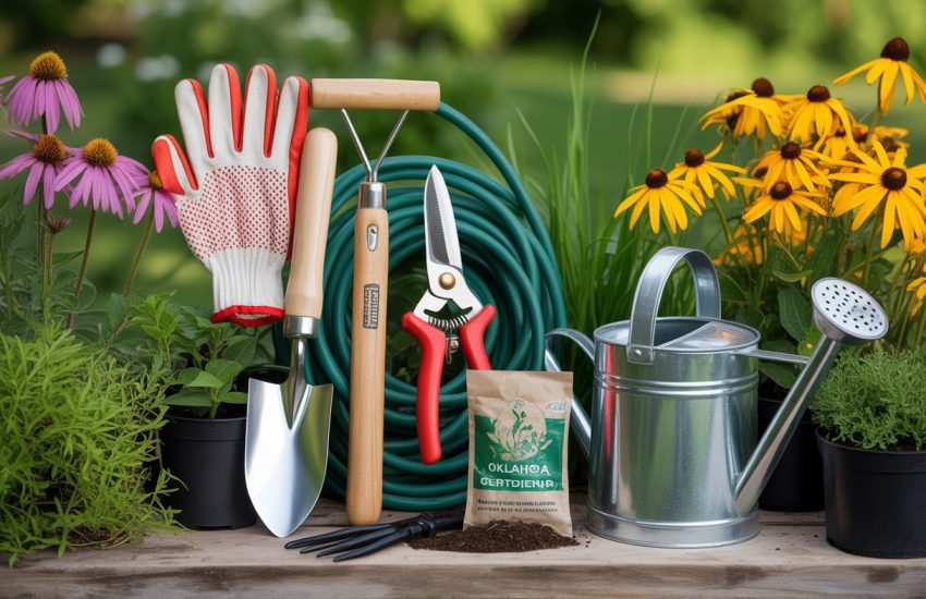 A collection of gardening tools including gloves, trowel, pruning shears, garden fork, hose, fertilizer, and watering can arranged on a wooden table with green plants and flowers in the background.