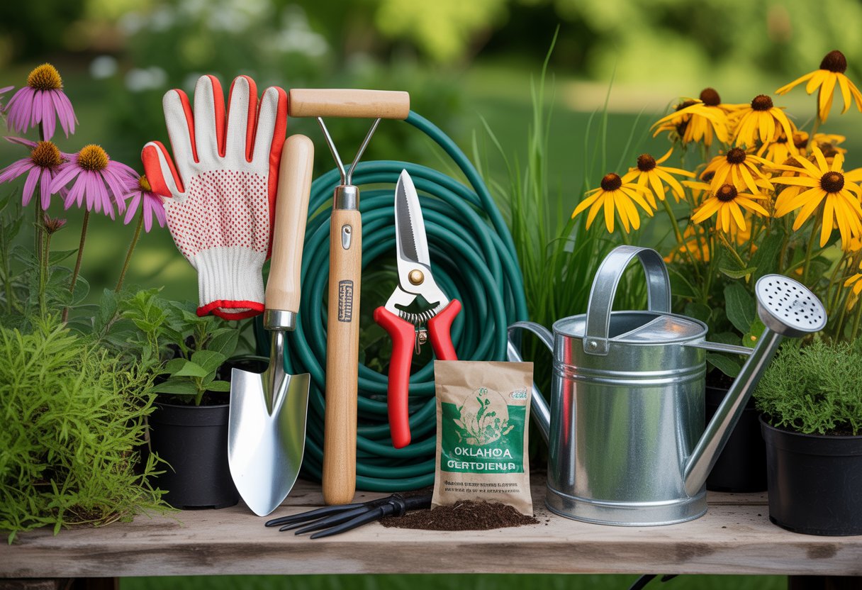 A collection of gardening tools including gloves, trowel, pruning shears, garden fork, hose, fertilizer, and watering can arranged on a wooden table with green plants and flowers in the background.