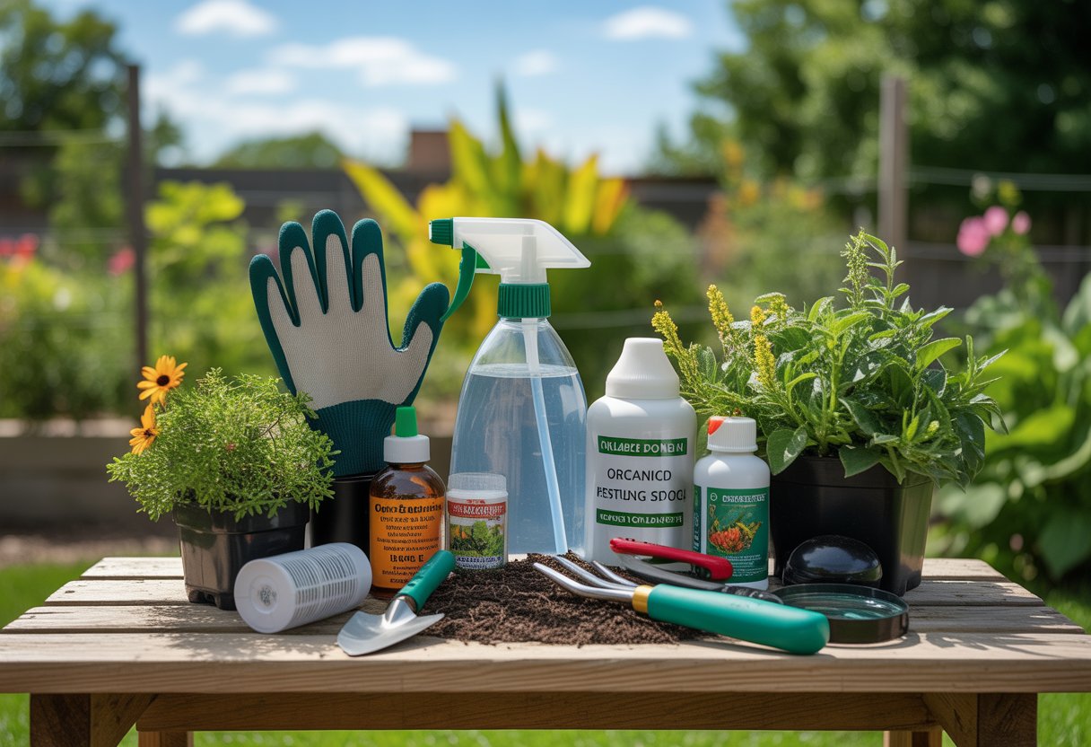 A collection of gardening tools and pest control supplies arranged on a wooden bench outdoors with green plants and flowers in the background.
