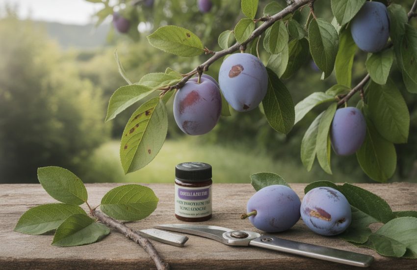 A wild plum tree with ripe plums and green leaves, showing minor leaf damage and gardening tools nearby.
