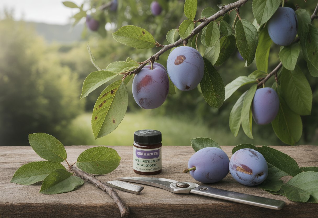 A wild plum tree with ripe plums and green leaves, showing minor leaf damage and gardening tools nearby.