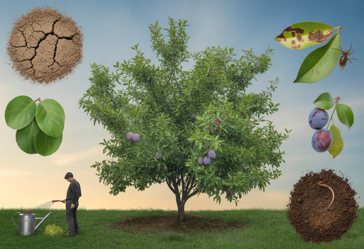 A wild plum tree with ripe fruit surrounded by dry soil, pest insects on leaves, and some yellowing leaves, alongside a gardener watering and applying compost to the soil.