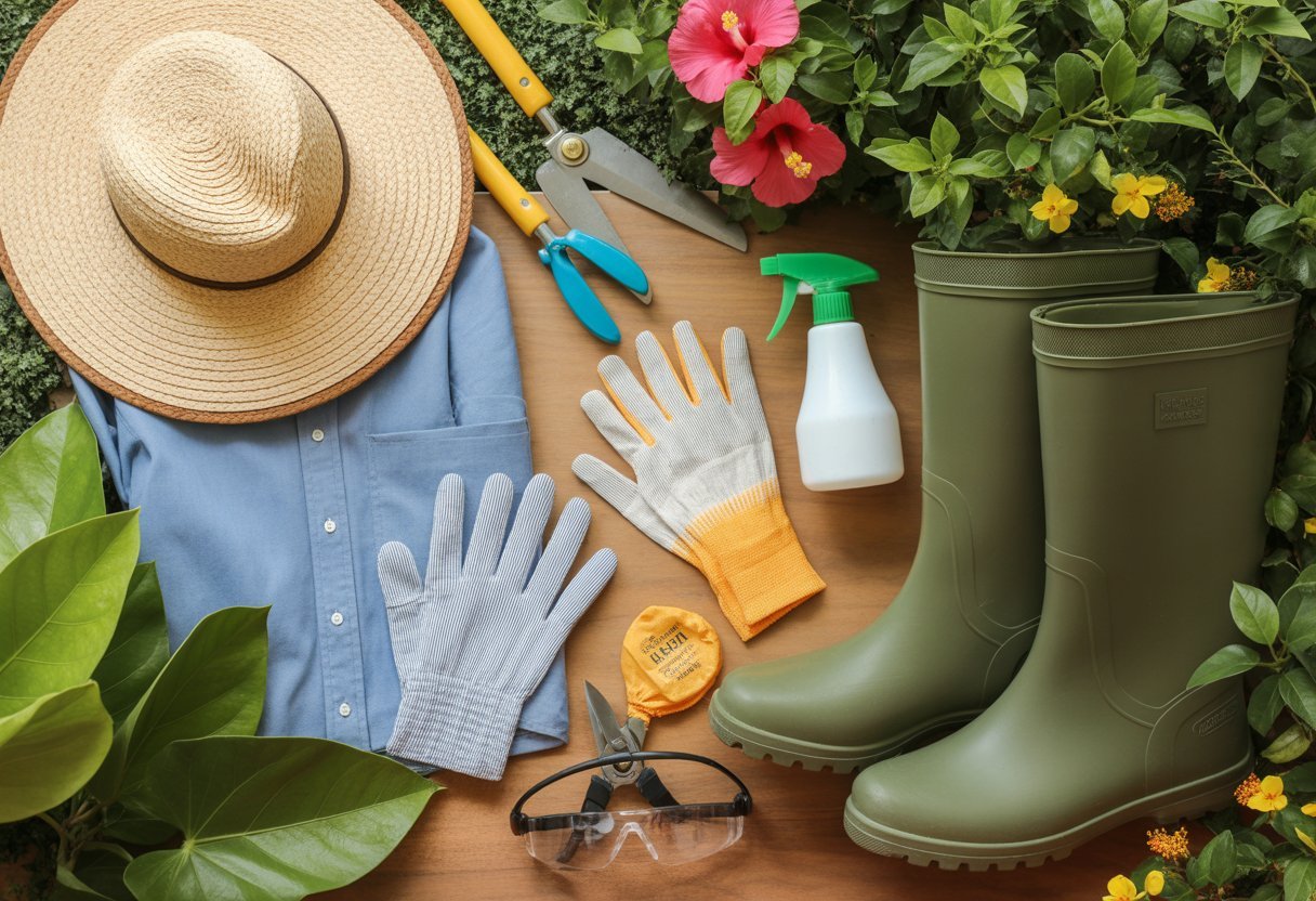 Protective gardening gear and tools arranged on a wooden surface with tropical plants in the background.