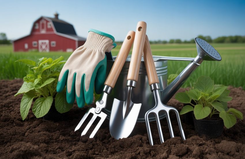 A collection of gardening tools arranged on soil with young plants, a red barn, and farmland in the background.