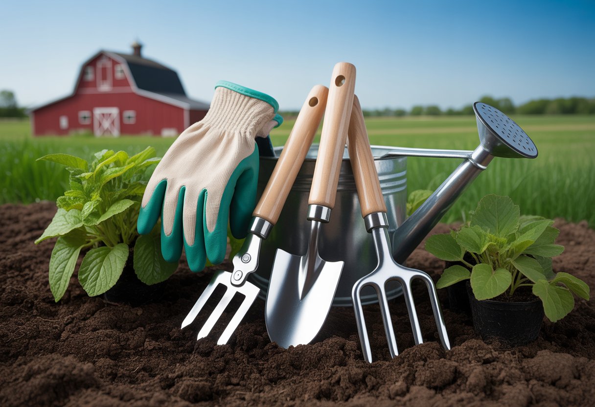 A collection of gardening tools arranged on soil with young plants, a red barn, and farmland in the background.