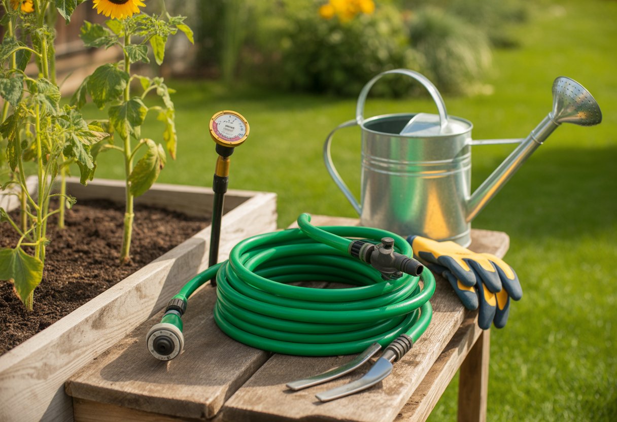 A collection of gardening watering tools including a green garden hose, watering can, moisture meter, and gloves arranged on a wooden table near healthy plants in a backyard garden.
