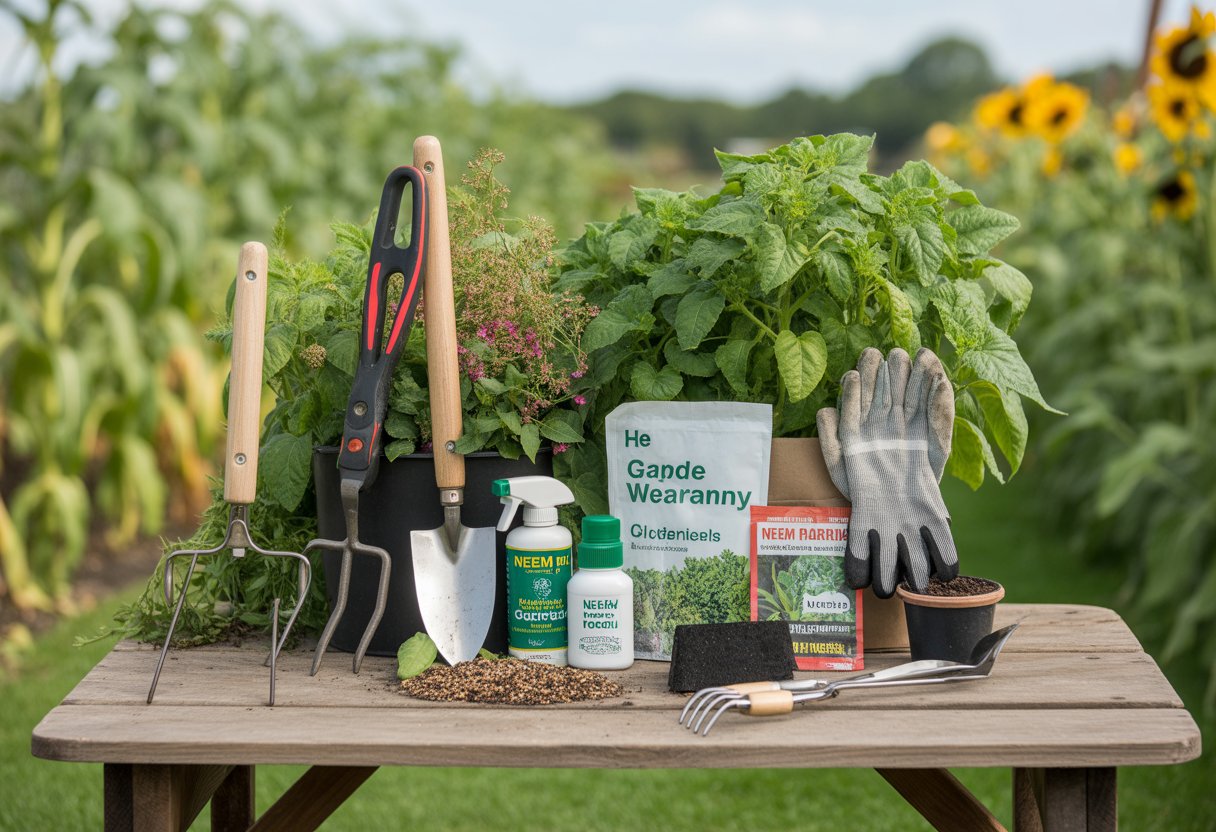 A collection of gardening tools and natural pest and weed control products arranged on a wooden table in a lush garden with green plants and flowers in the background.