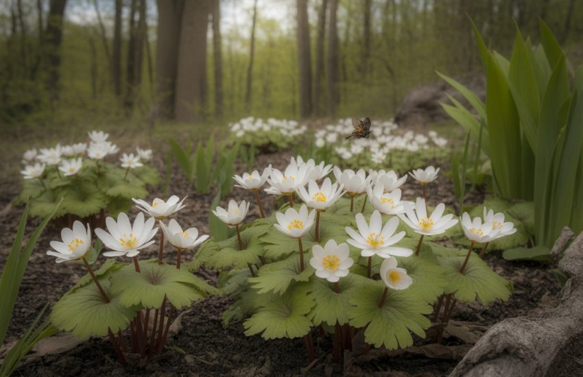 Clusters of white bloodroot flowers blooming in a sunlit woodland garden with green leaves and trees in the background.