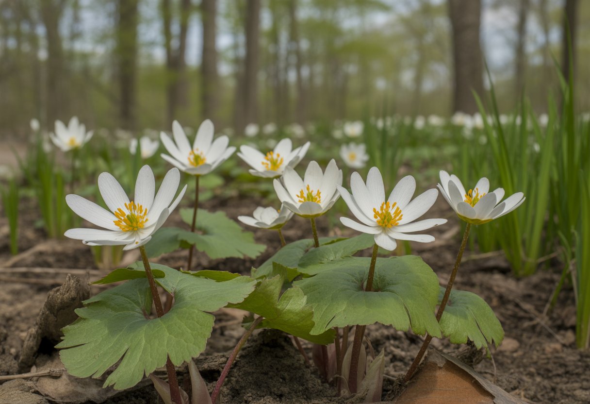 Close-up of white bloodroot flowers blooming on a forest floor with green leaves and sunlight filtering through trees.