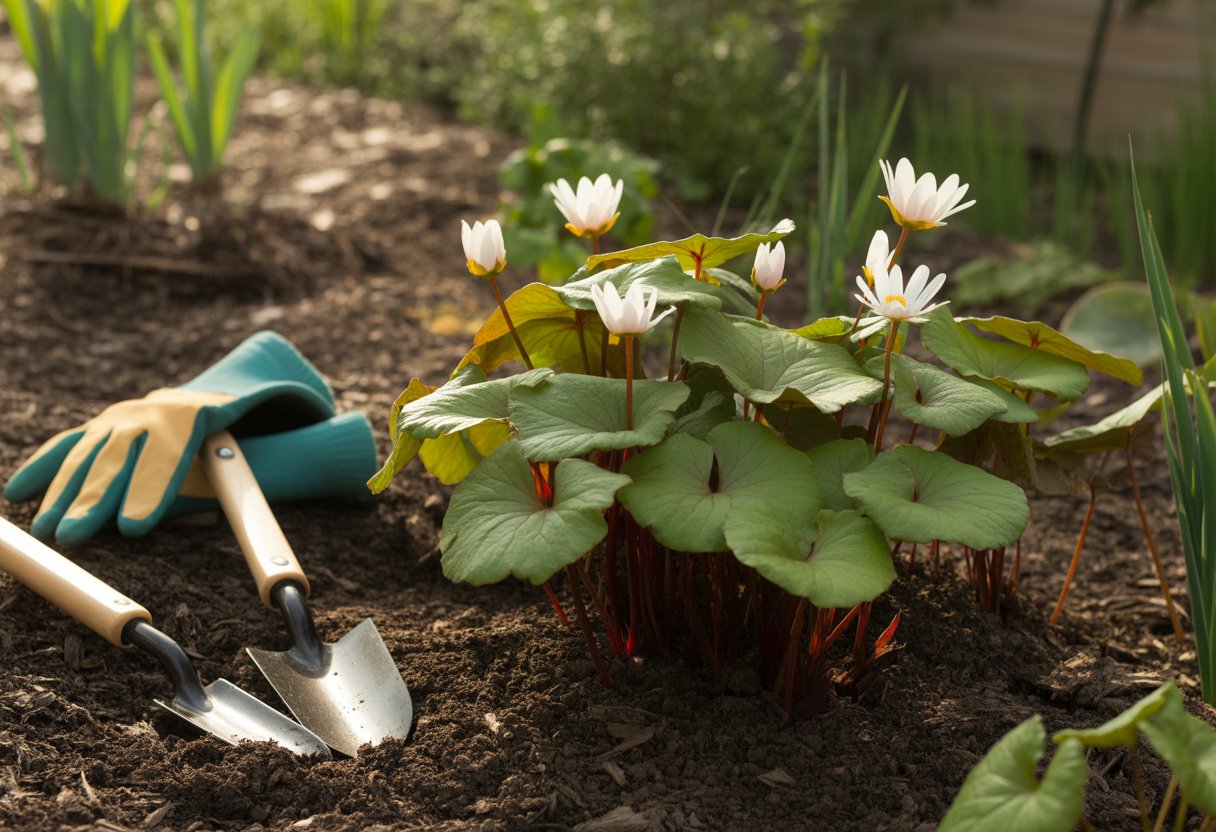 Healthy bloodroot plants with white flowers growing in a garden bed surrounded by gardening tools and green foliage.