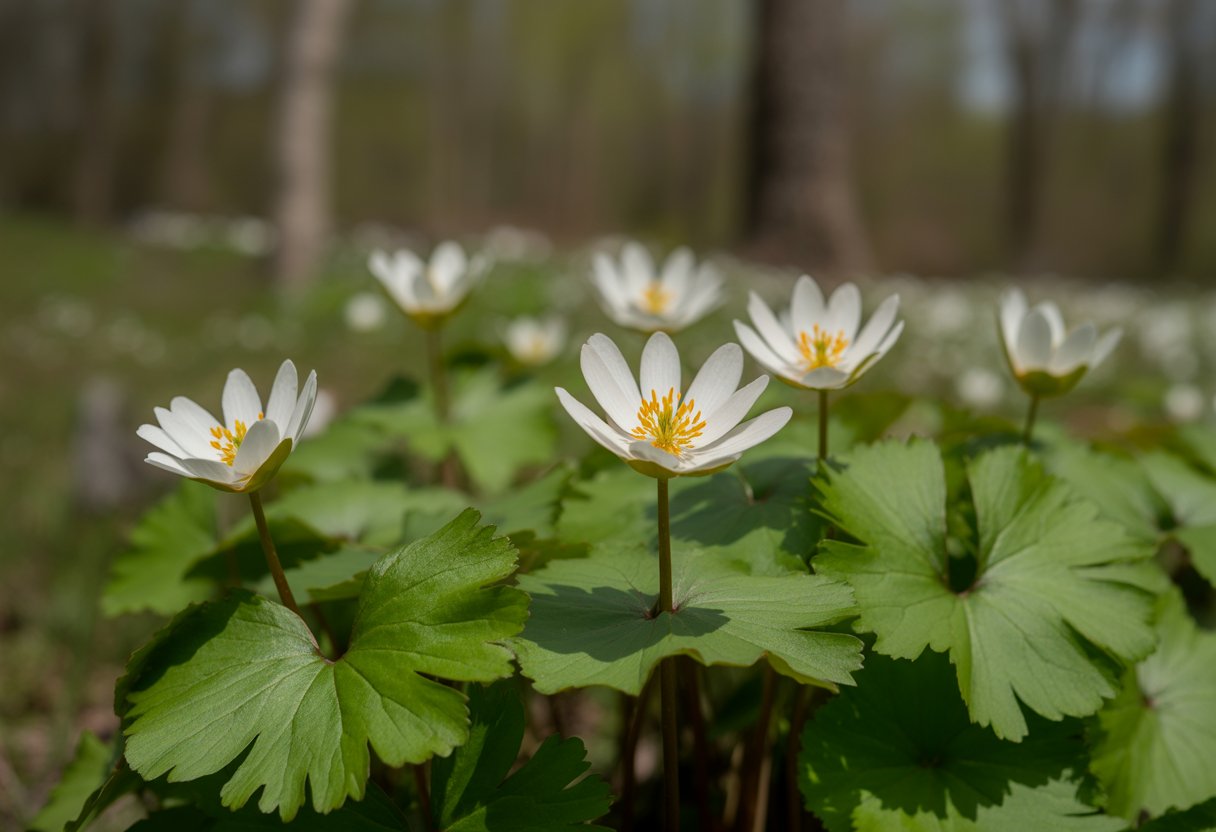 Close-up of white bloodroot flowers with yellow centers and green leaves in a natural forest setting.