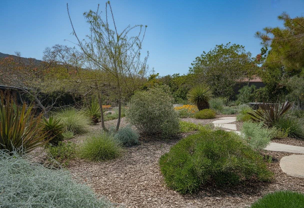 Low Maintenance Native Plants California for Sustainable, Drought-Resistant Gardens - PlantNative.org A sunny California garden with native plants, stone pathways, and natural landscaping.