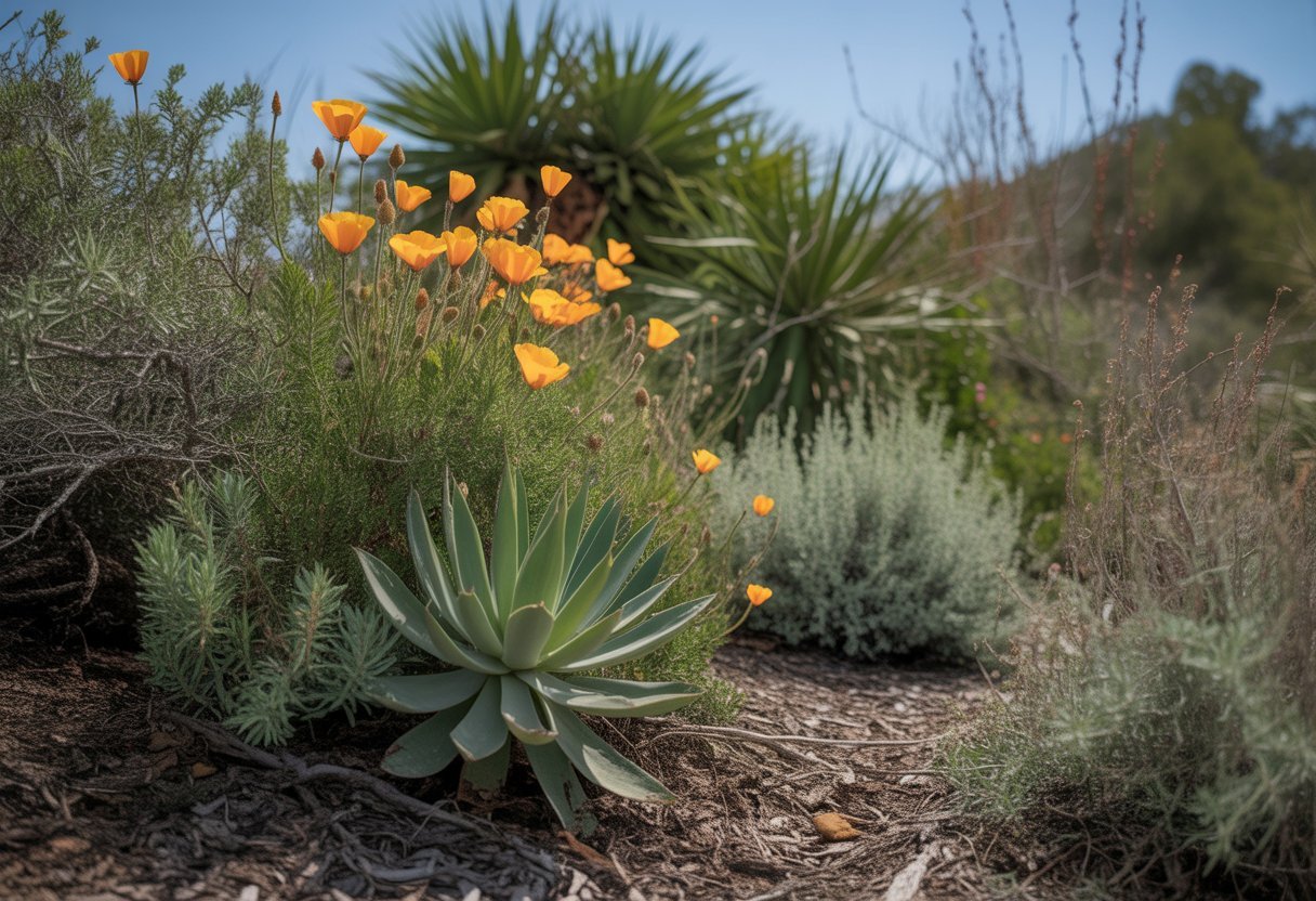 Low Maintenance Native Plants California for Sustainable, Drought-Resistant Gardens - PlantNative.org A colorful garden with California native plants like poppies, manzanita, and sagebrush under a clear blue sky.