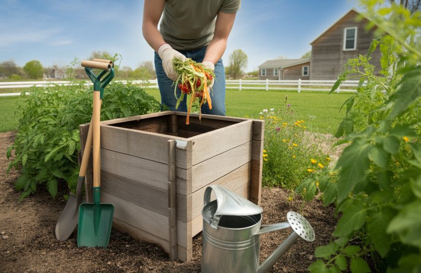 A gardener adding kitchen scraps to a wooden compost bin in a backyard garden with green plants and a farmhouse in the background.
