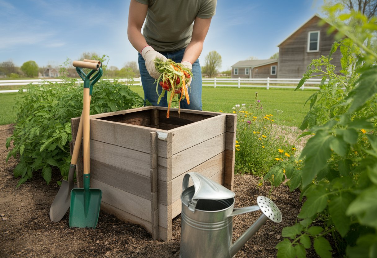 A gardener adding kitchen scraps to a wooden compost bin in a backyard garden with green plants and a farmhouse in the background.