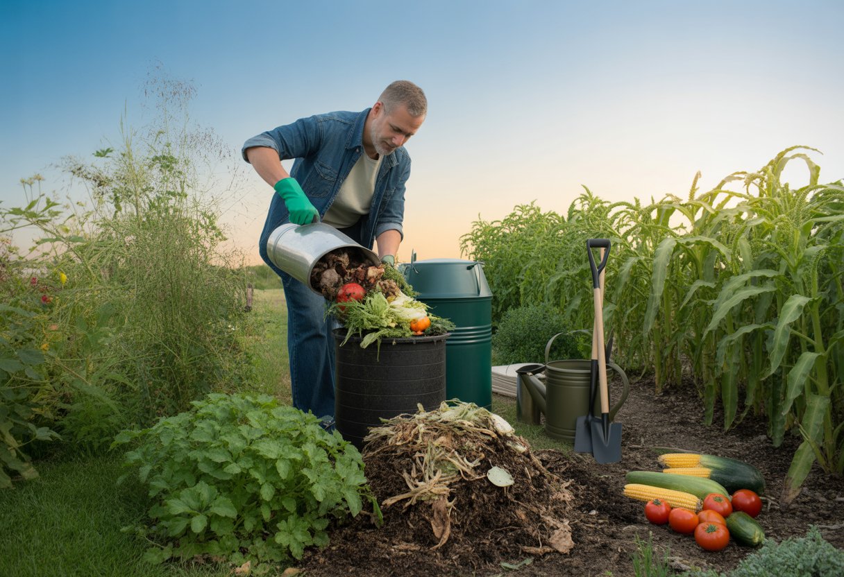 A gardener adding kitchen scraps to a compost bin in a backyard garden with vegetables and green plants under a clear blue sky.
