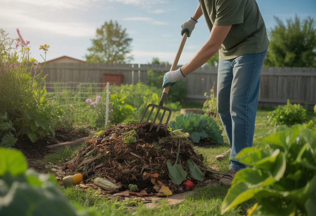 A gardener turning a compost pile in a backyard garden with green plants and vegetables under a clear sky.