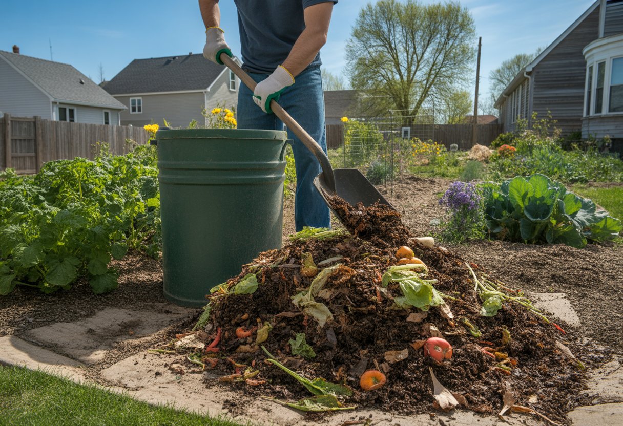 Gardener turning a compost bin in a backyard garden with healthy plants and a clear sky.