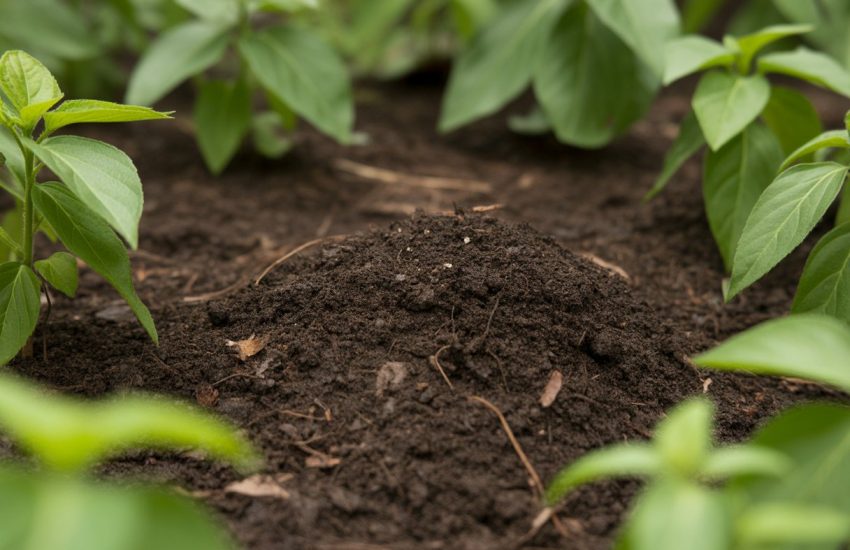 Close-up of dark, fertile soil with young green spicebush seedlings growing.