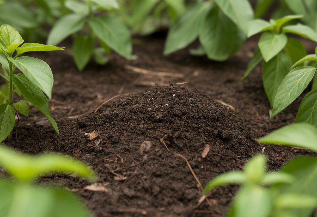 Close-up of dark, fertile soil with young green spicebush seedlings growing.