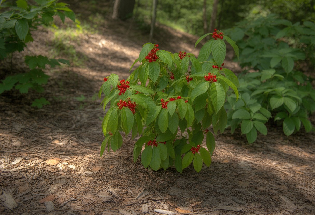 A healthy spicebush plant with green leaves and red berries growing in rich soil in a shaded forest area.