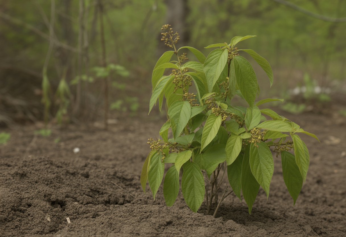 A close-up of a healthy spicebush plant with green leaves and berries growing in rich dark soil in a woodland area.