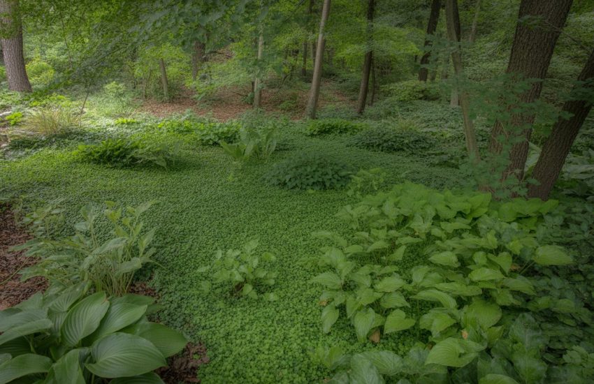 A shaded woodland floor covered with green shade-loving ground cover plants beneath mature trees.