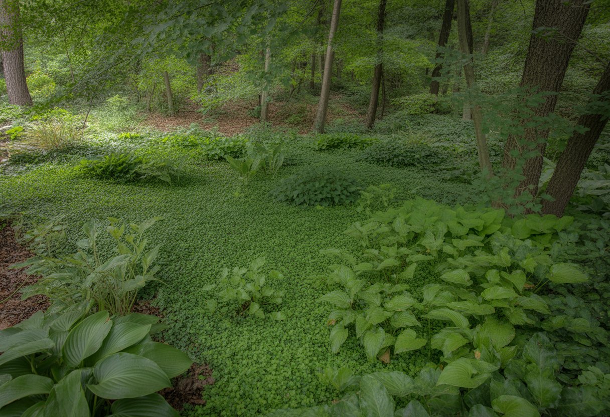 A shaded woodland floor covered with green shade-loving ground cover plants beneath mature trees.