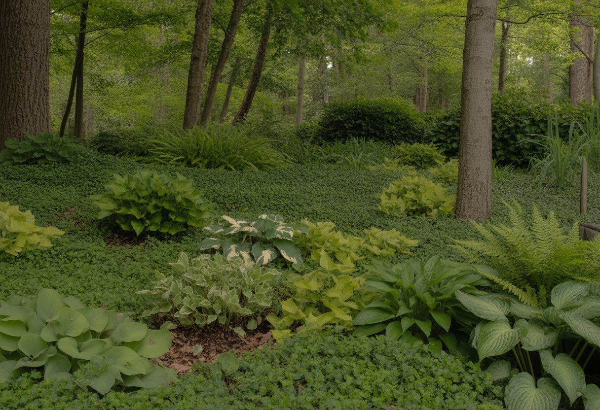 A shaded forest floor in Pennsylvania covered with various green ground cover plants beneath tall trees.