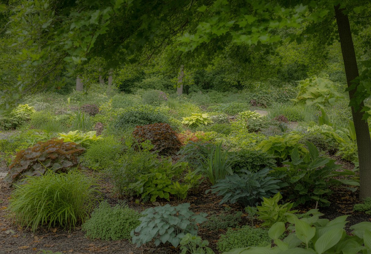 A shaded garden area in Pennsylvania filled with green ground cover plants beneath tall trees.