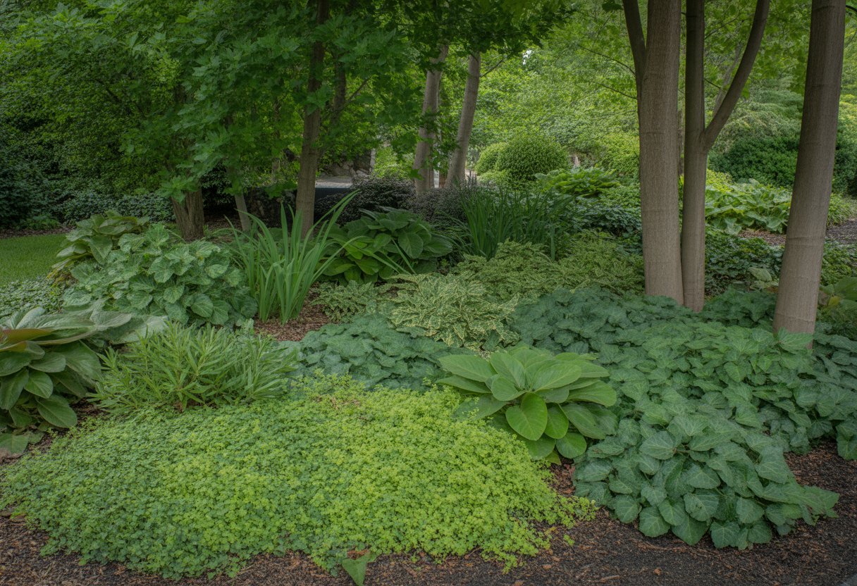 A shaded garden area in Pennsylvania covered with dense green ground cover plants beneath tall trees.