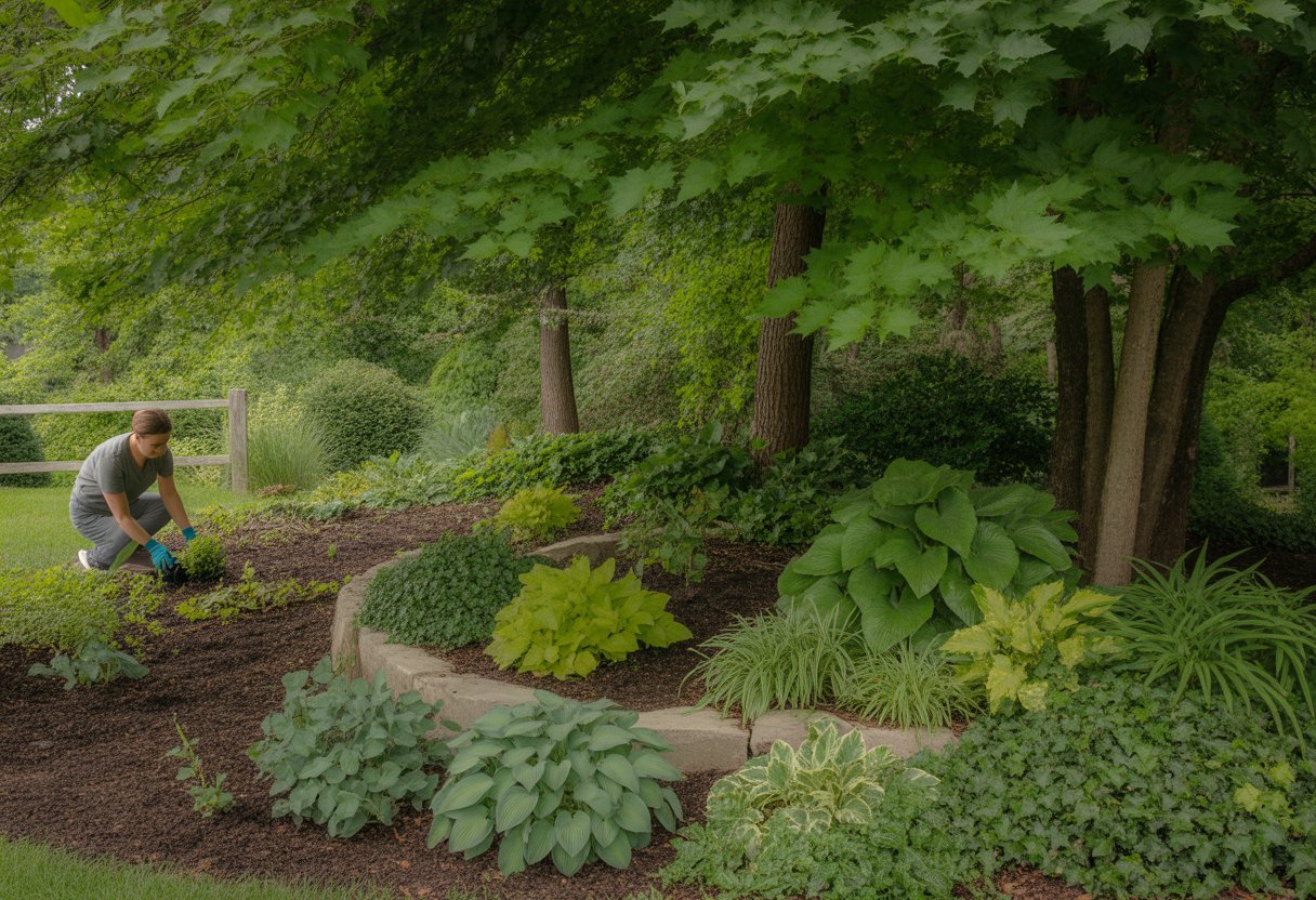 A gardener planting shade-loving ground cover plants under tall trees in a lush garden with a stone pathway.