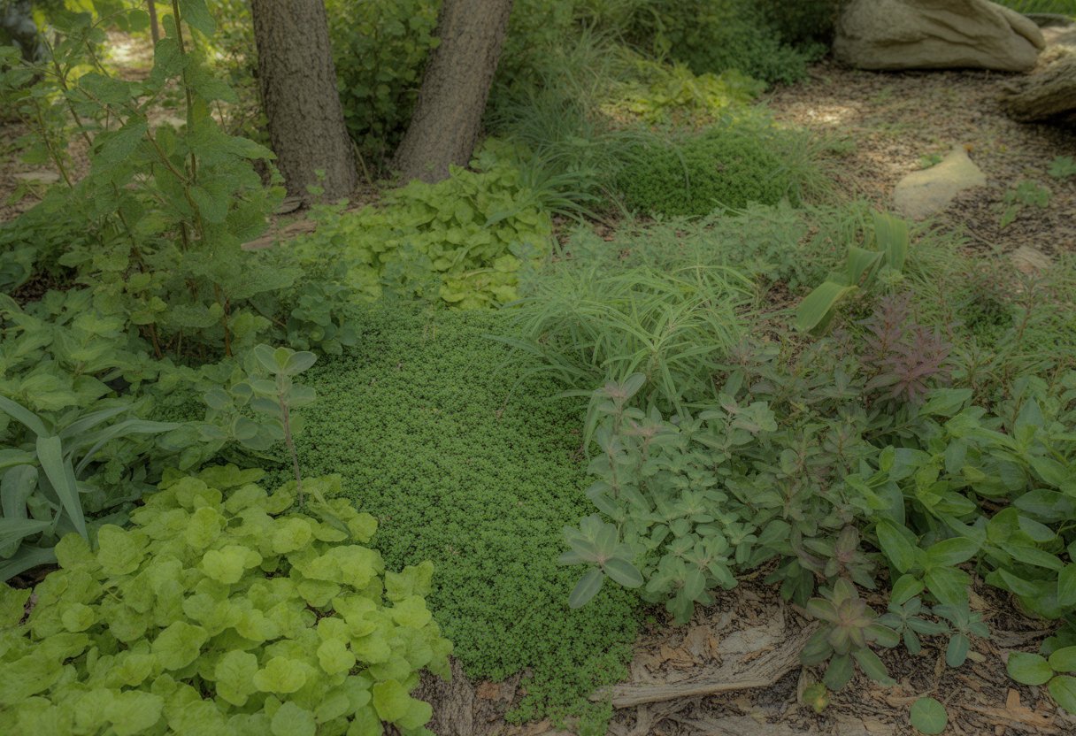 A shaded garden area covered with various green ground cover plants growing under tall trees.