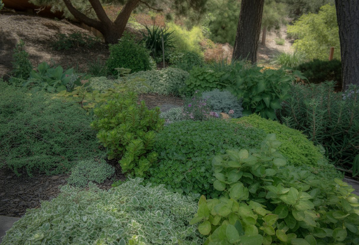 A shaded garden area in Utah with various green ground cover plants growing under trees and soft natural light.