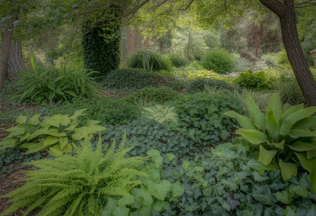 A shaded garden area with various green ground cover plants growing under tall trees in a forested setting.