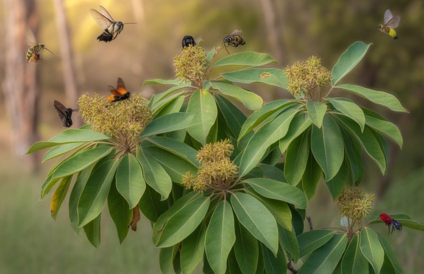 A close-up of a sassafras tree in a California woodland with bees, butterflies, and hummingbirds visiting its flowers.