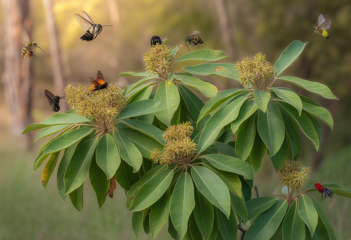 A close-up of a sassafras tree in a California woodland with bees, butterflies, and hummingbirds visiting its flowers.