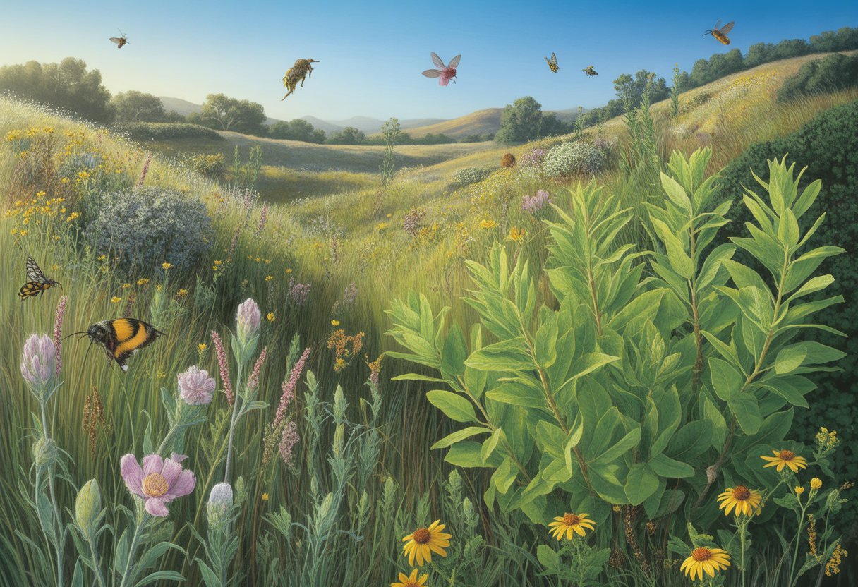 A California meadow with green sassafras plants, wildflowers, and pollinators like bees and butterflies among the vegetation under a clear sky.