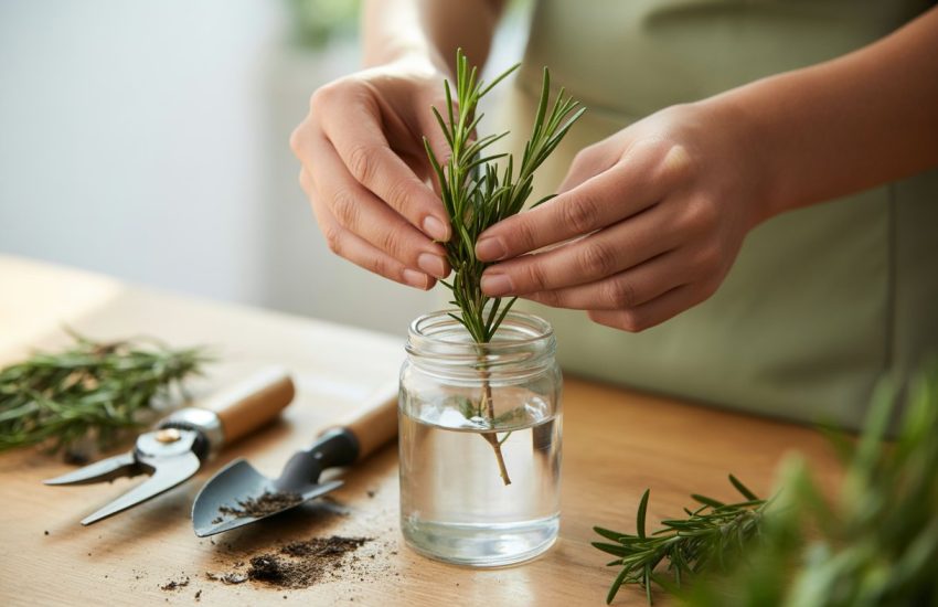 Hands placing a rosemary cutting into a glass jar of water on a wooden table with gardening tools nearby.