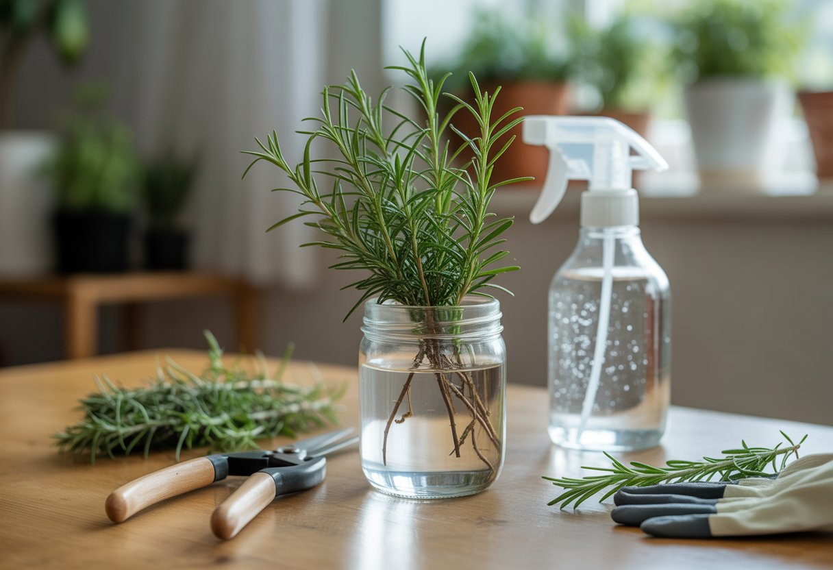 How to Propagate Rosemary: A Step-by-Step Guide for Healthy Growth - PlantNative.org Close-up of rosemary cuttings in a glass jar of water on a wooden table with gardening tools nearby.