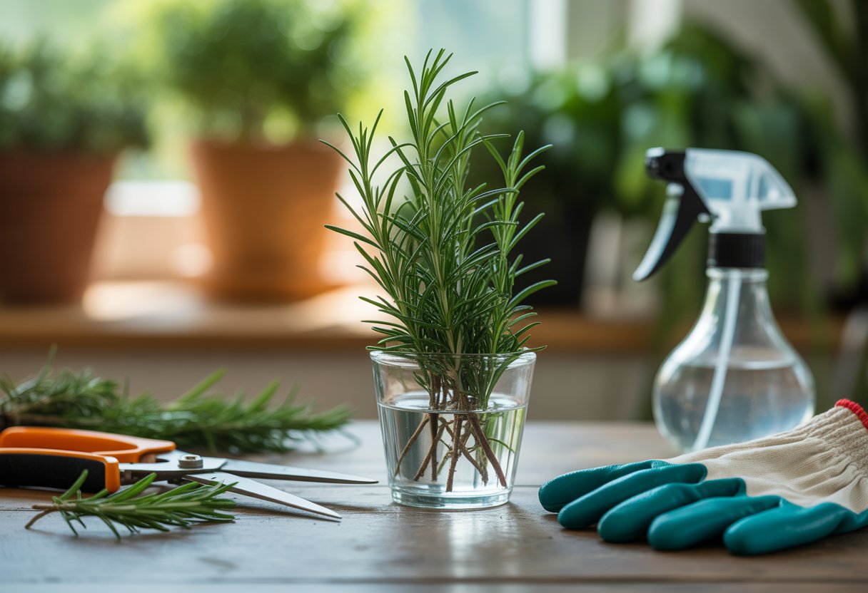 How to Propagate Rosemary: A Step-by-Step Guide for Healthy Growth - PlantNative.org Close-up of rosemary cuttings in a glass container of water on a wooden table with gardening tools nearby in a sunlit indoor garden.